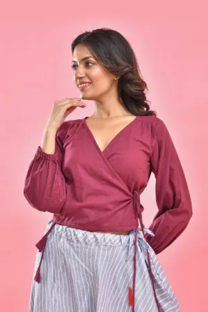 Maroon Wrap On Crop Top Blouse
