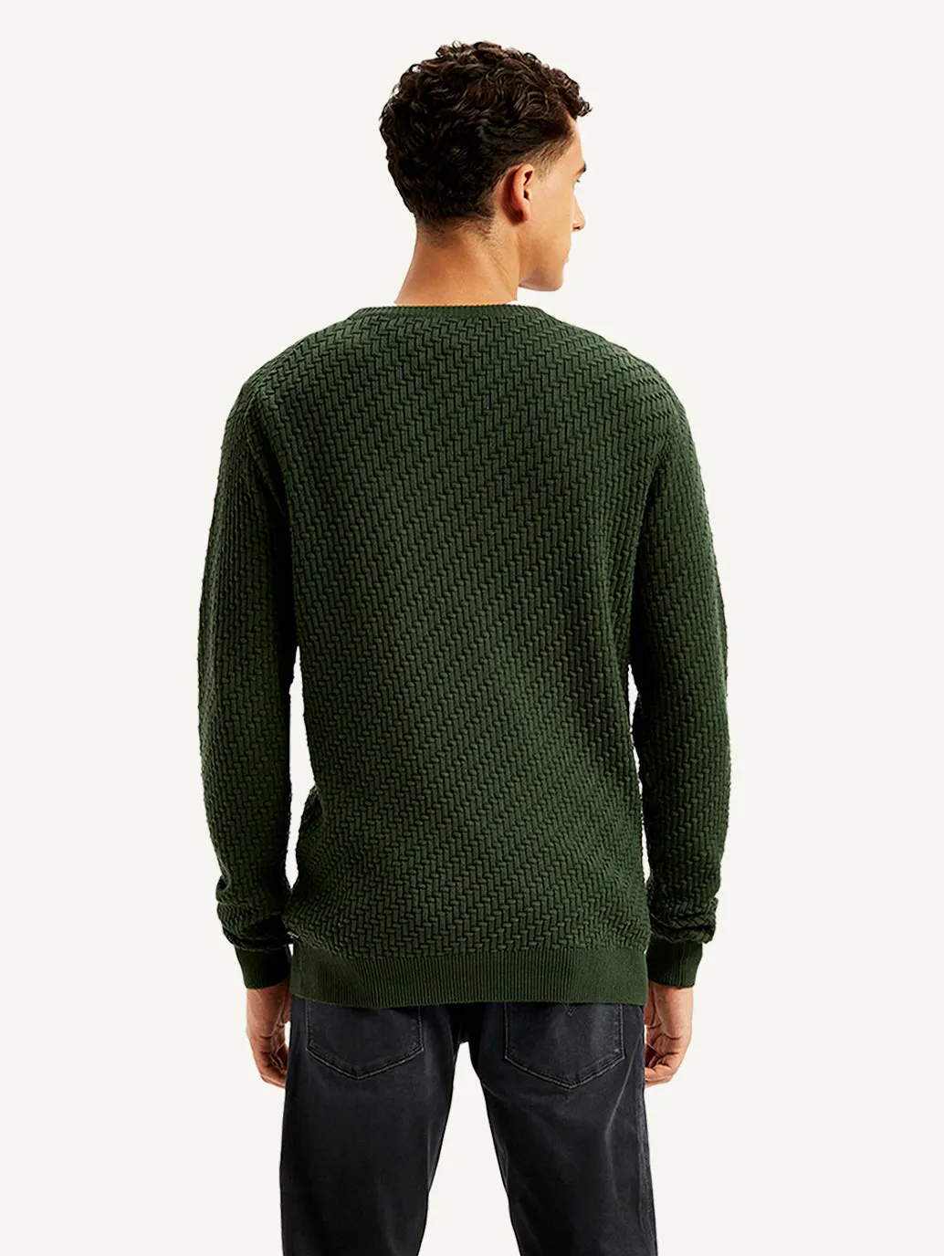 Men's Textured Olive Crew Neck Sweater