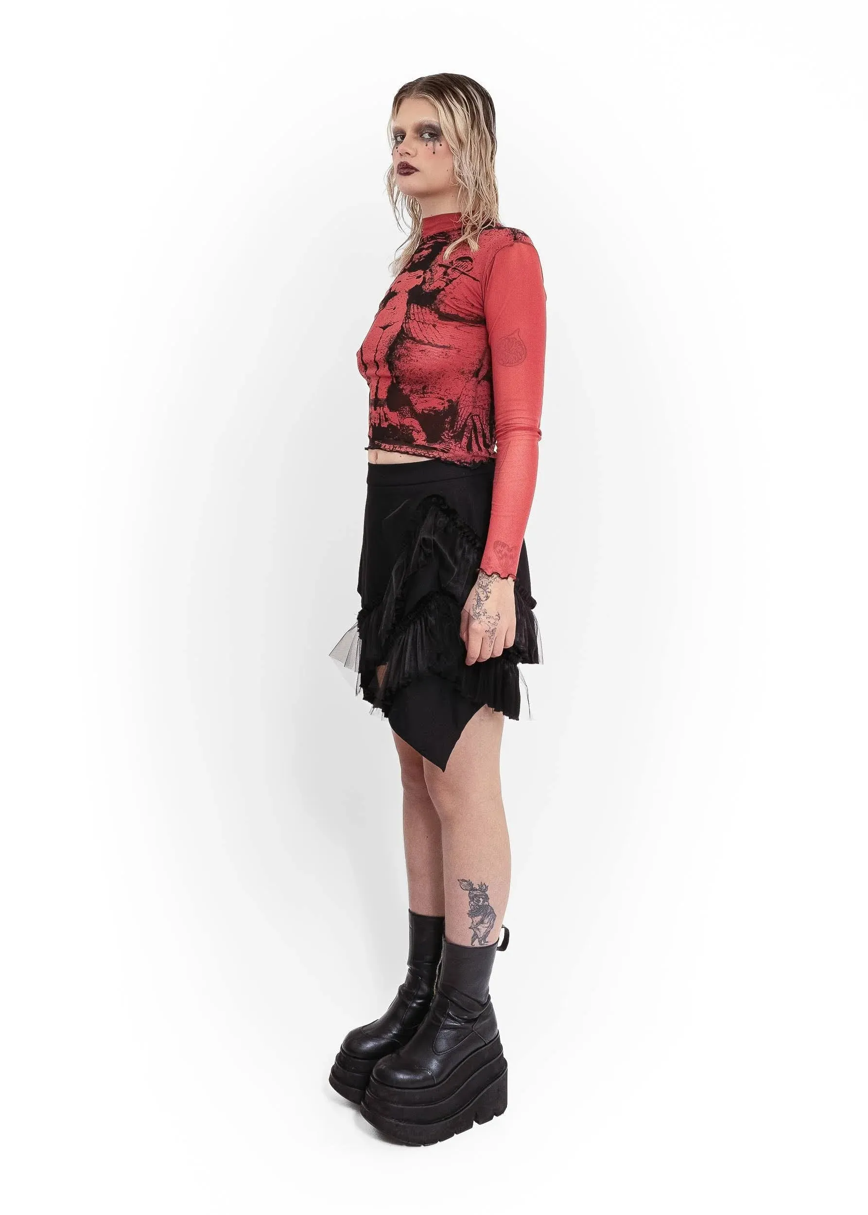 Mini Fray Skirt- Black denim/ tulle