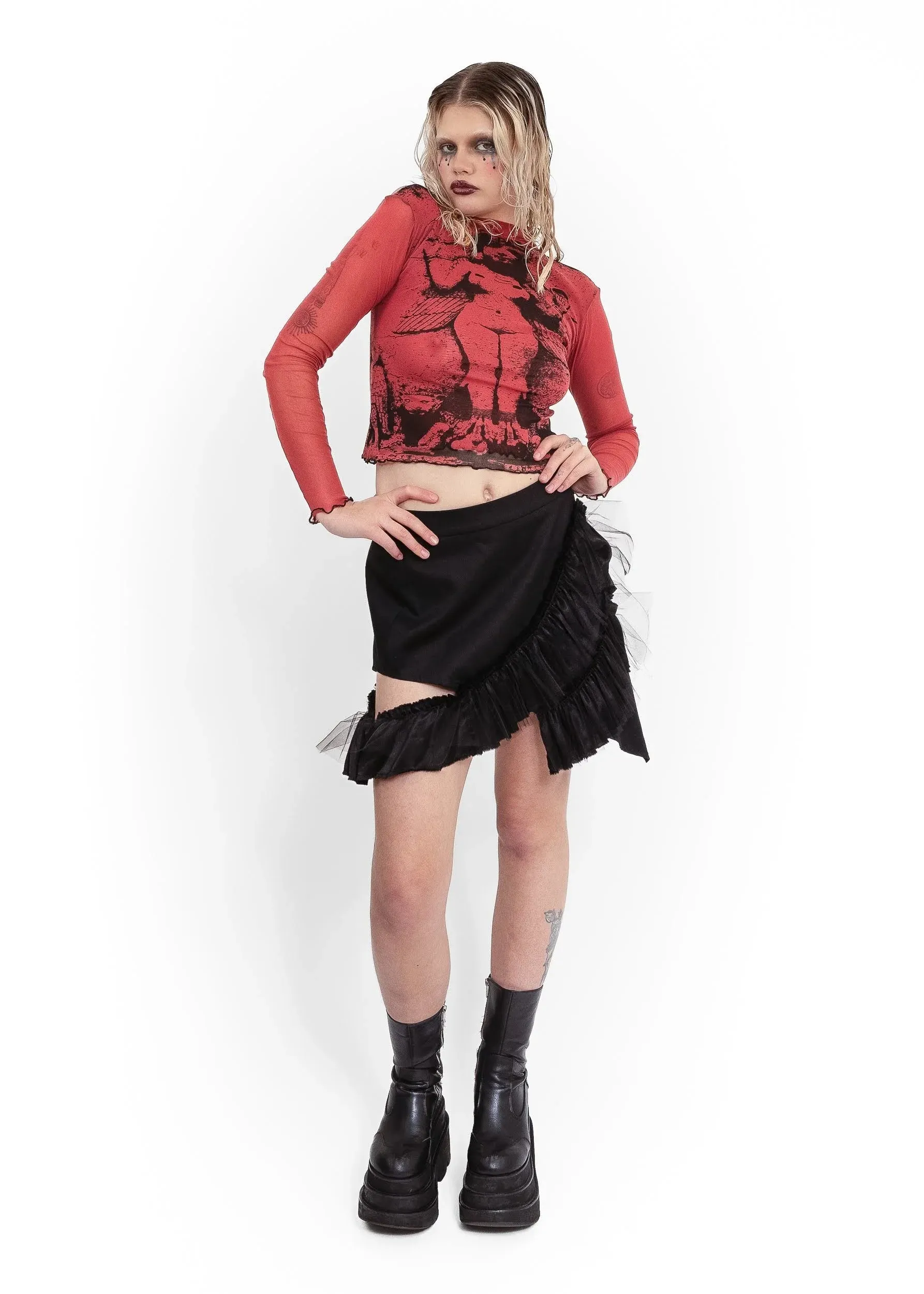 Mini Fray Skirt- Black denim/ tulle