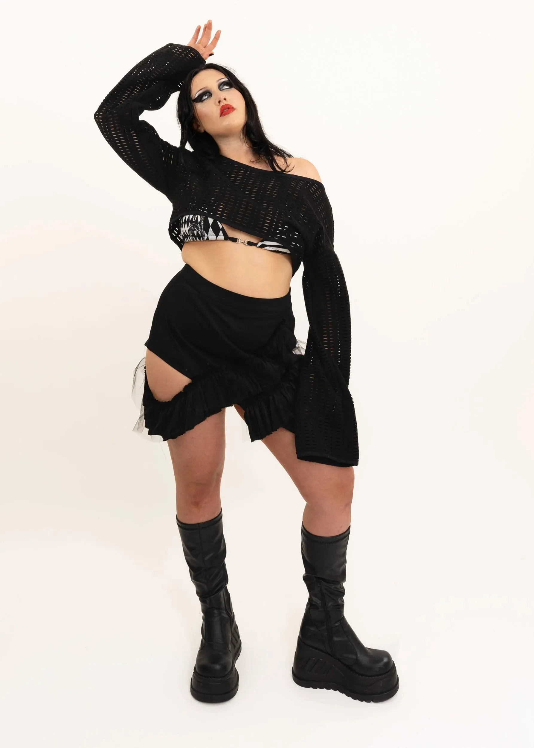 Mini Fray Skirt- Black denim/ tulle