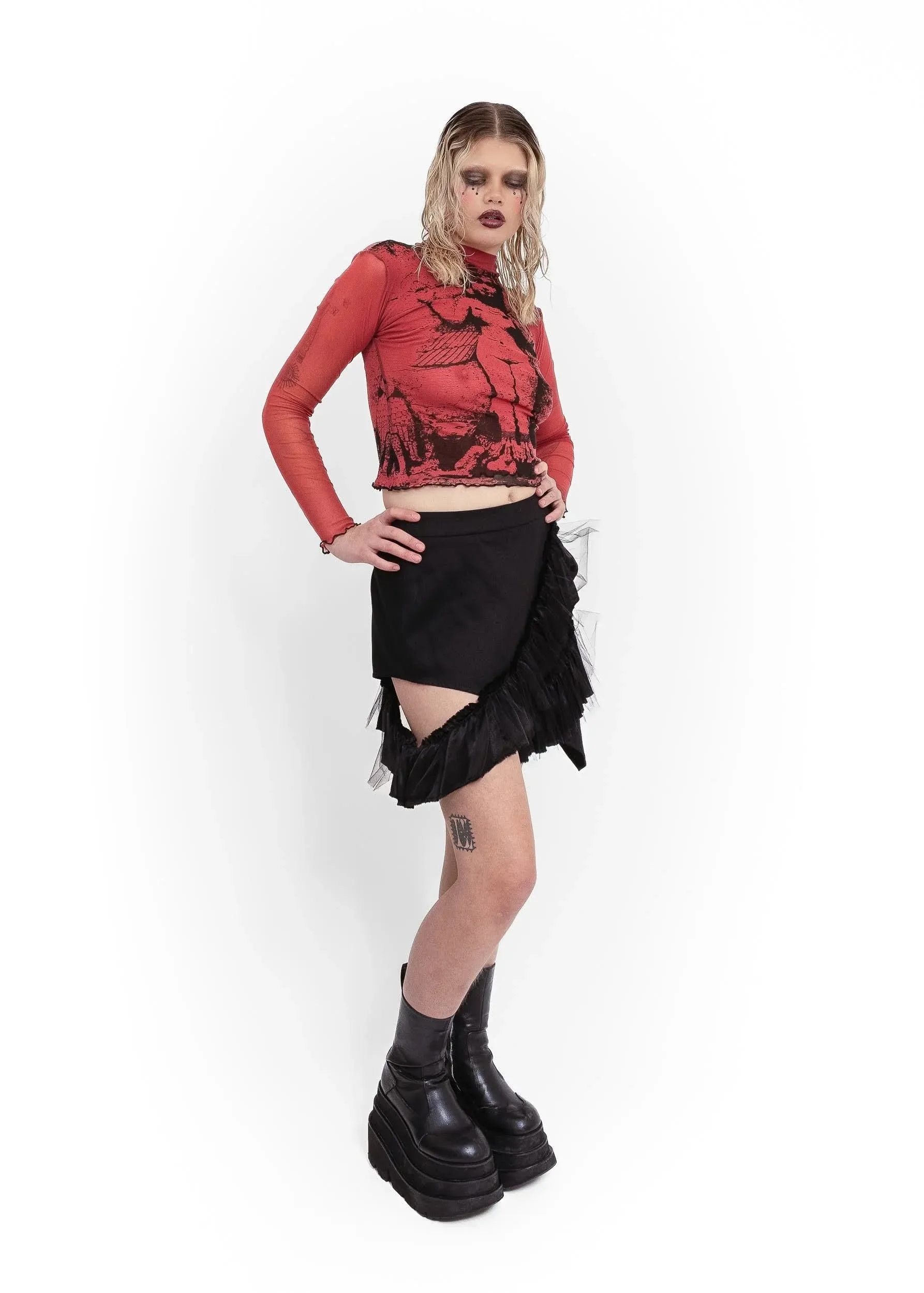 Mini Fray Skirt- Black denim/ tulle