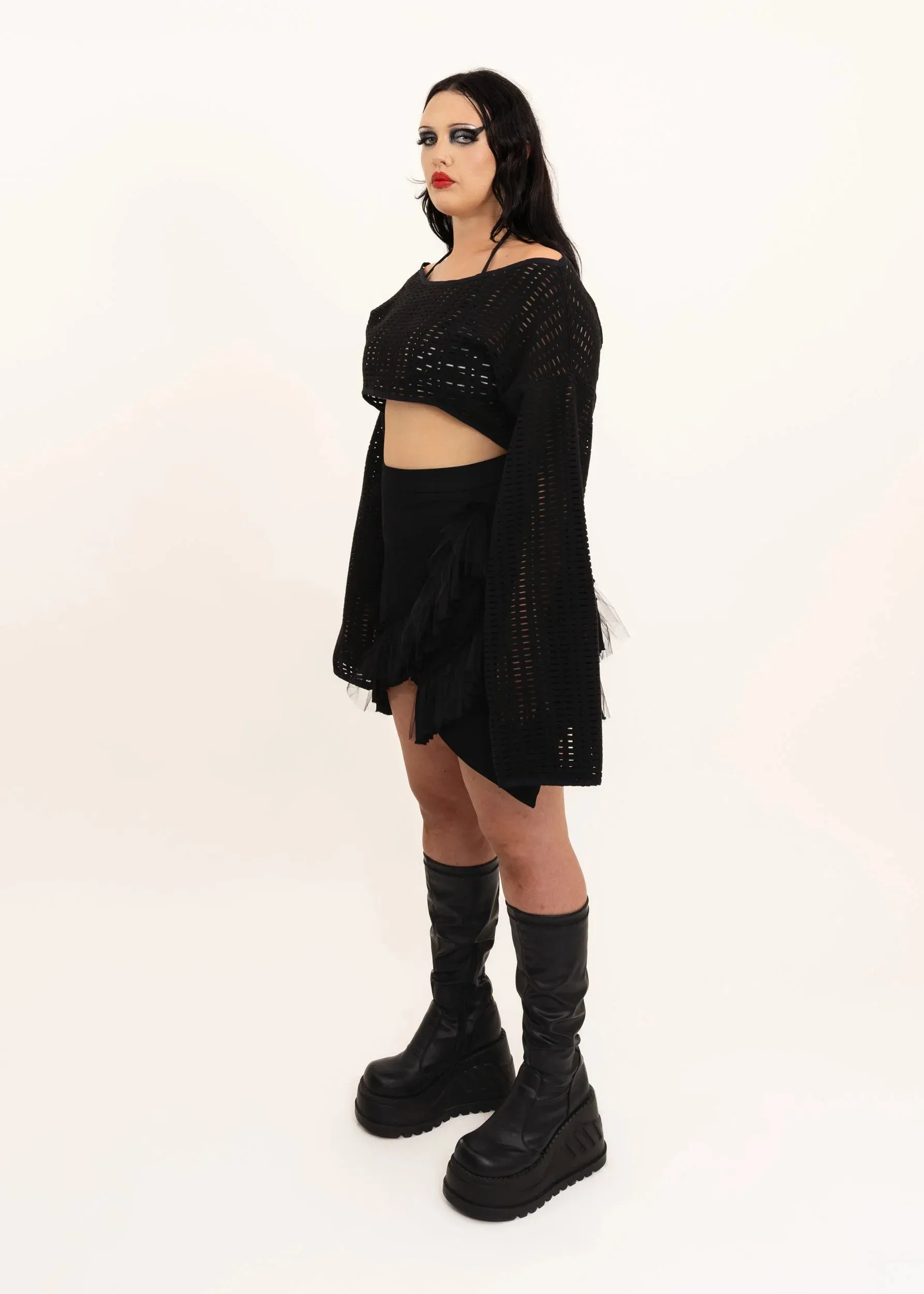 Mini Fray Skirt- Black denim/ tulle
