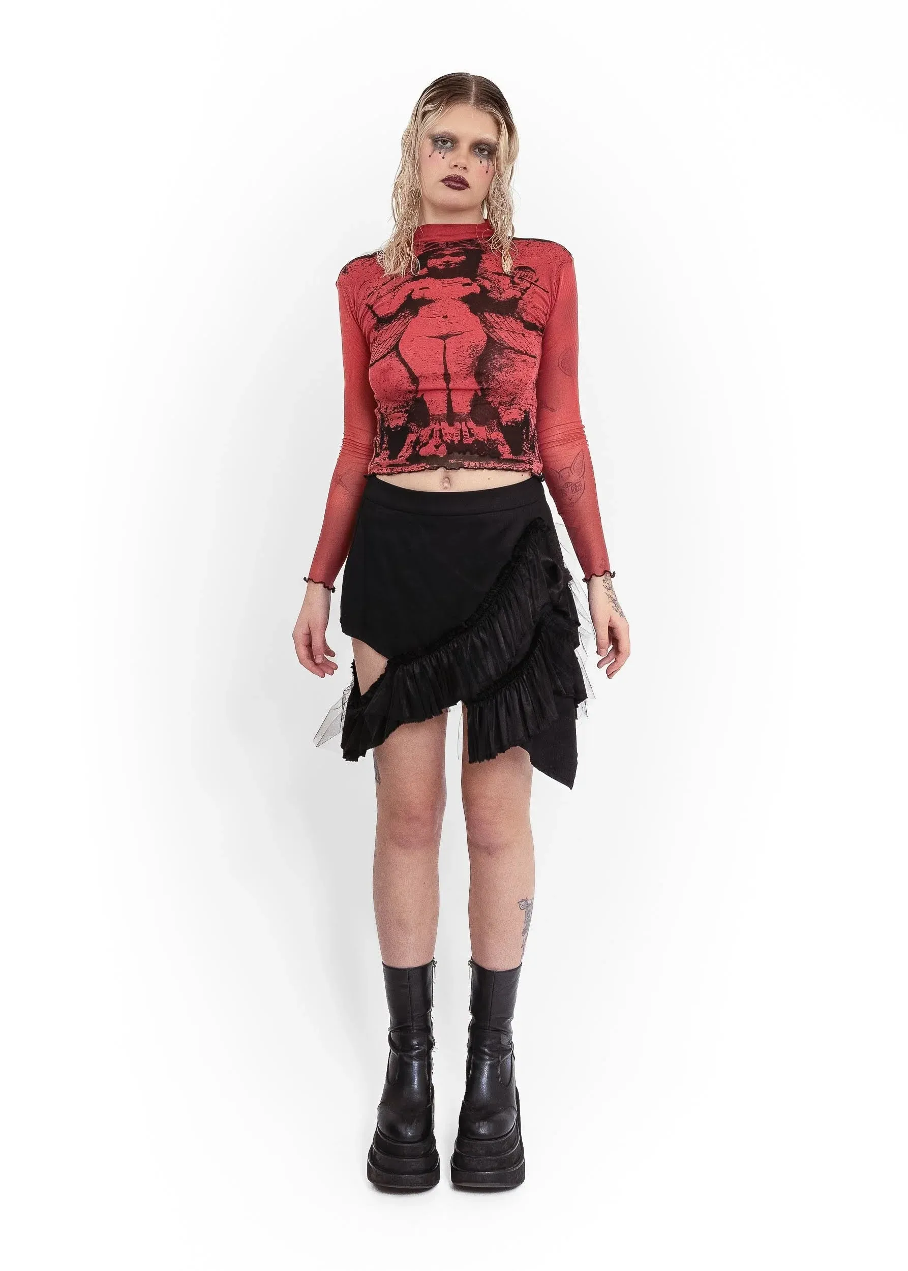 Mini Fray Skirt- Black denim/ tulle