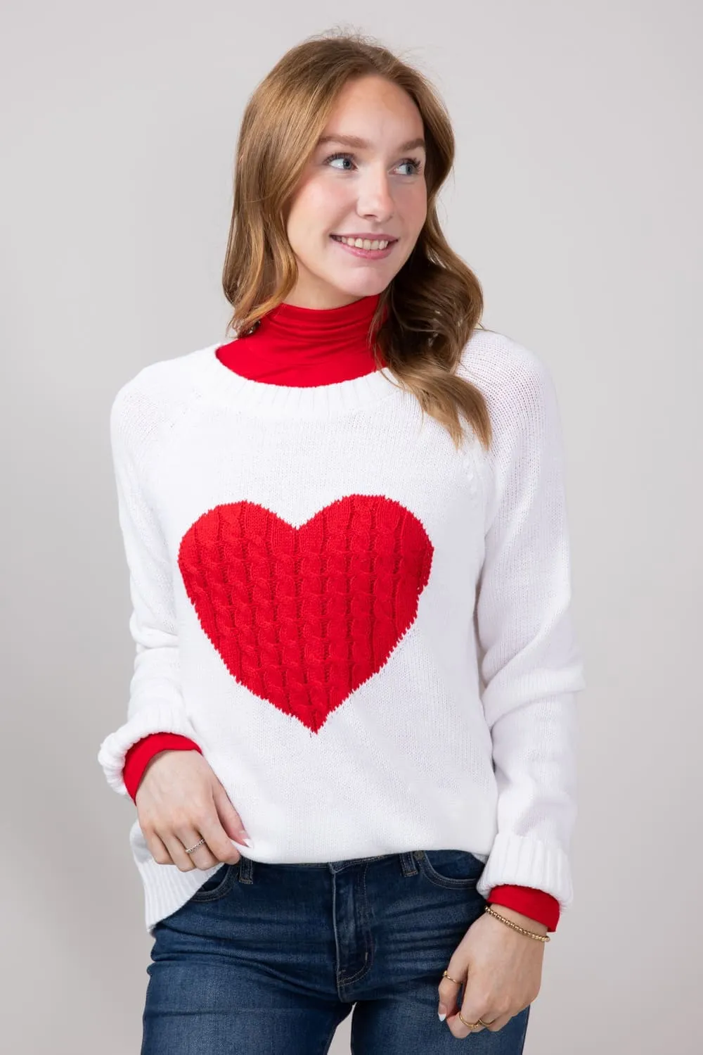 Miracle Textured Heart Sweater for Women in Ivory/Red | M9147-IVORYRED