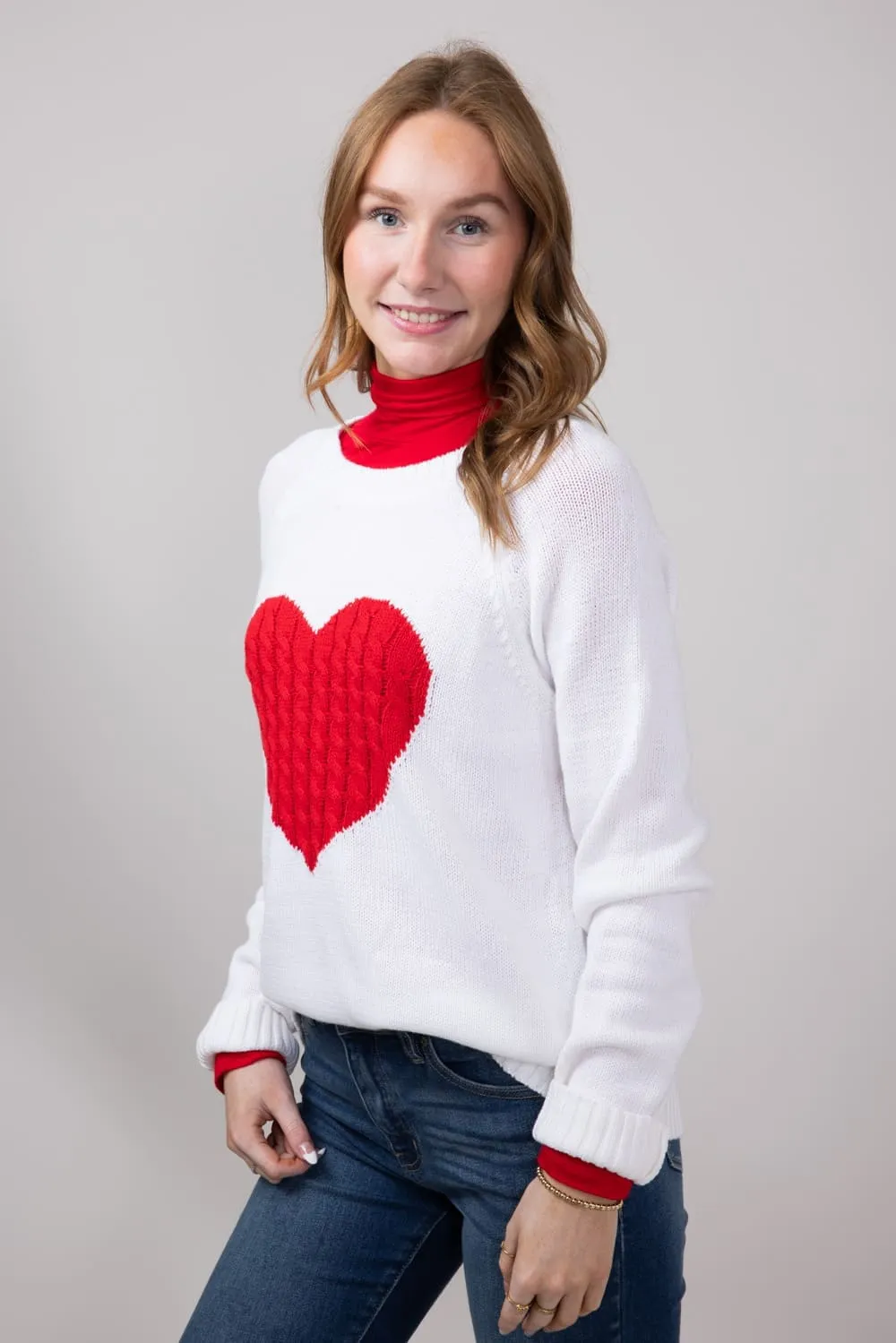 Miracle Textured Heart Sweater for Women in Ivory/Red | M9147-IVORYRED