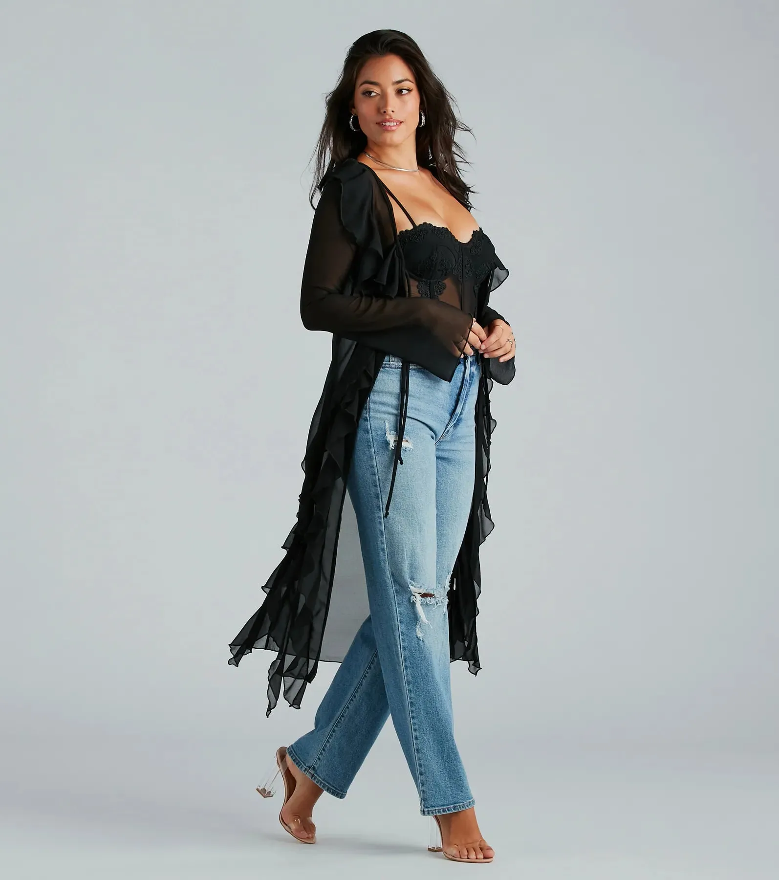 Mix And Mesh Chiffon Ruffle Long Duster