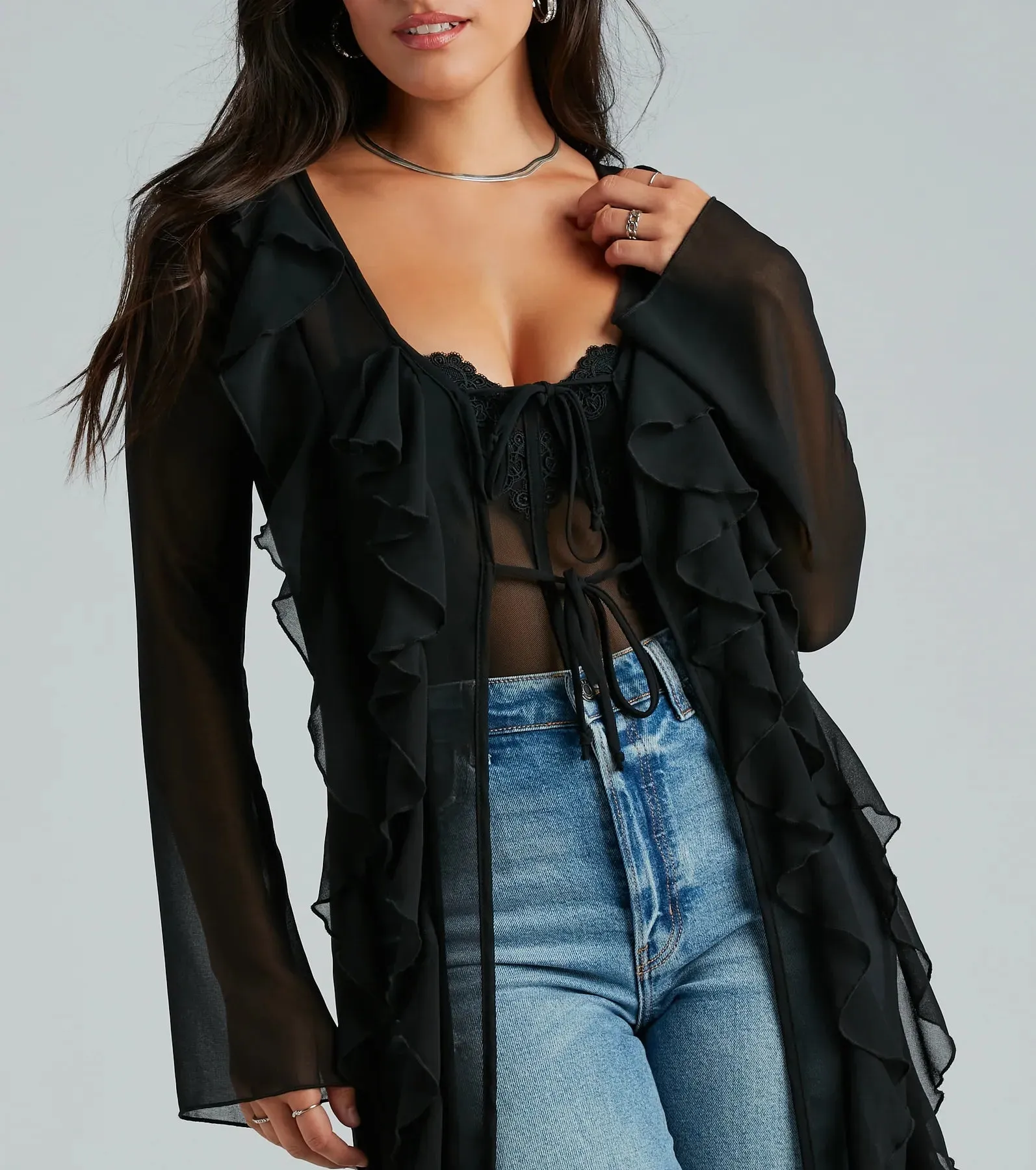 Mix And Mesh Chiffon Ruffle Long Duster