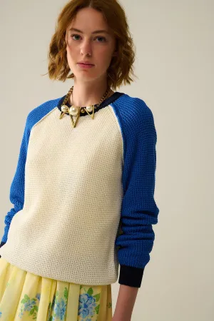 moss stitch knitted sweater with contrasting sleeves in blue