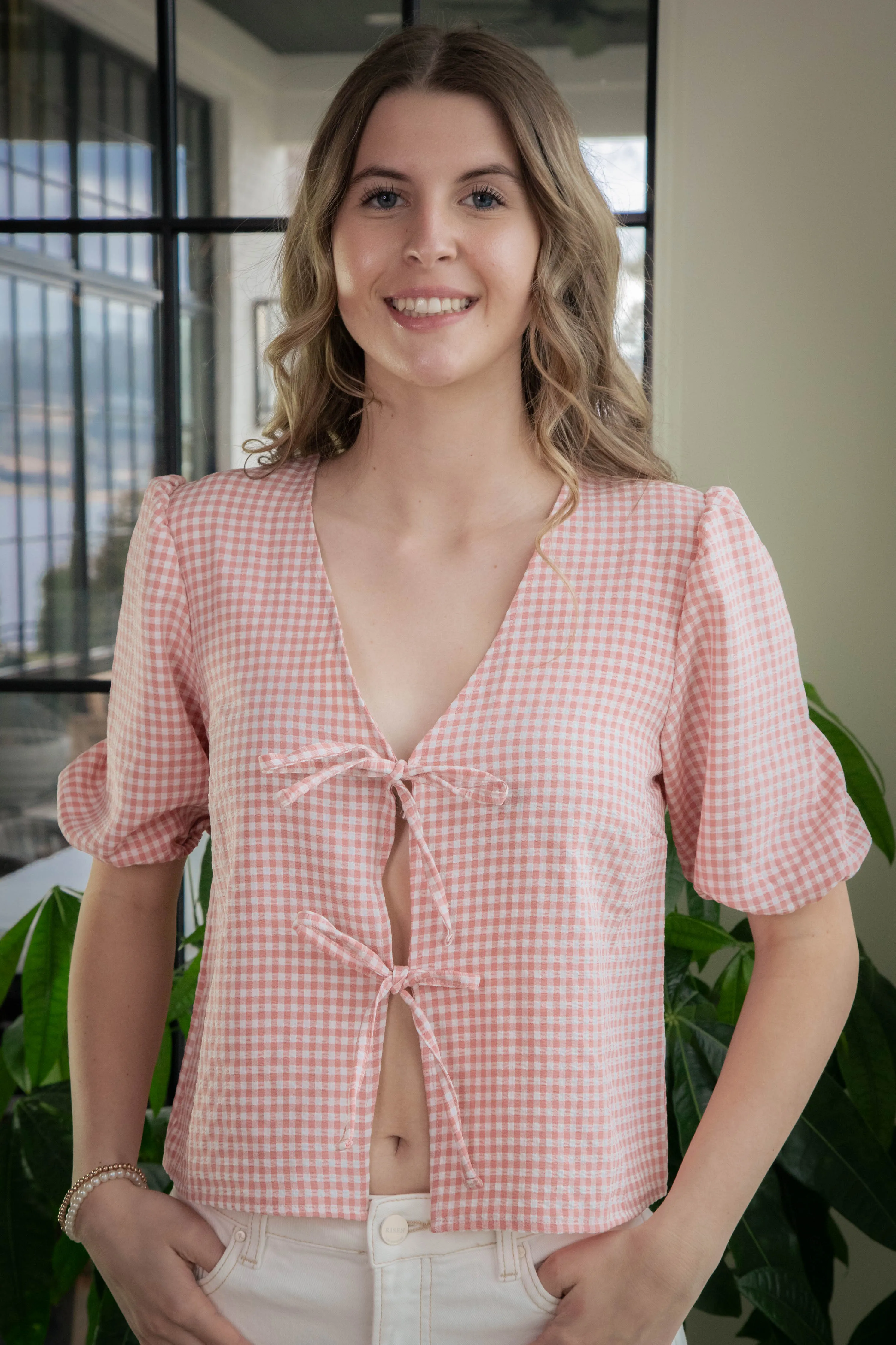 Murphy Gingham Tie Front Blouse, Pink