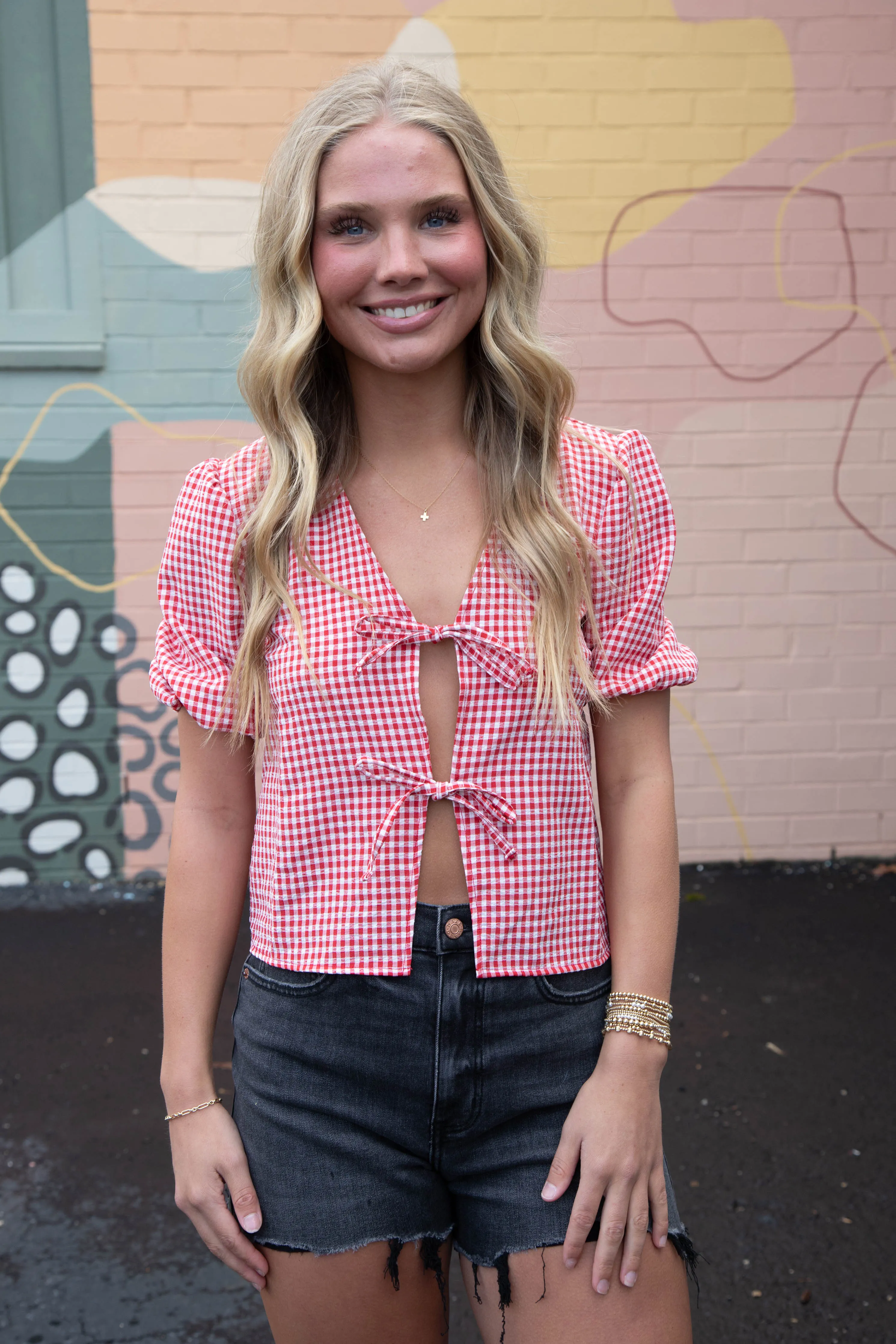 Murphy Gingham Tie Front Blouse, Red