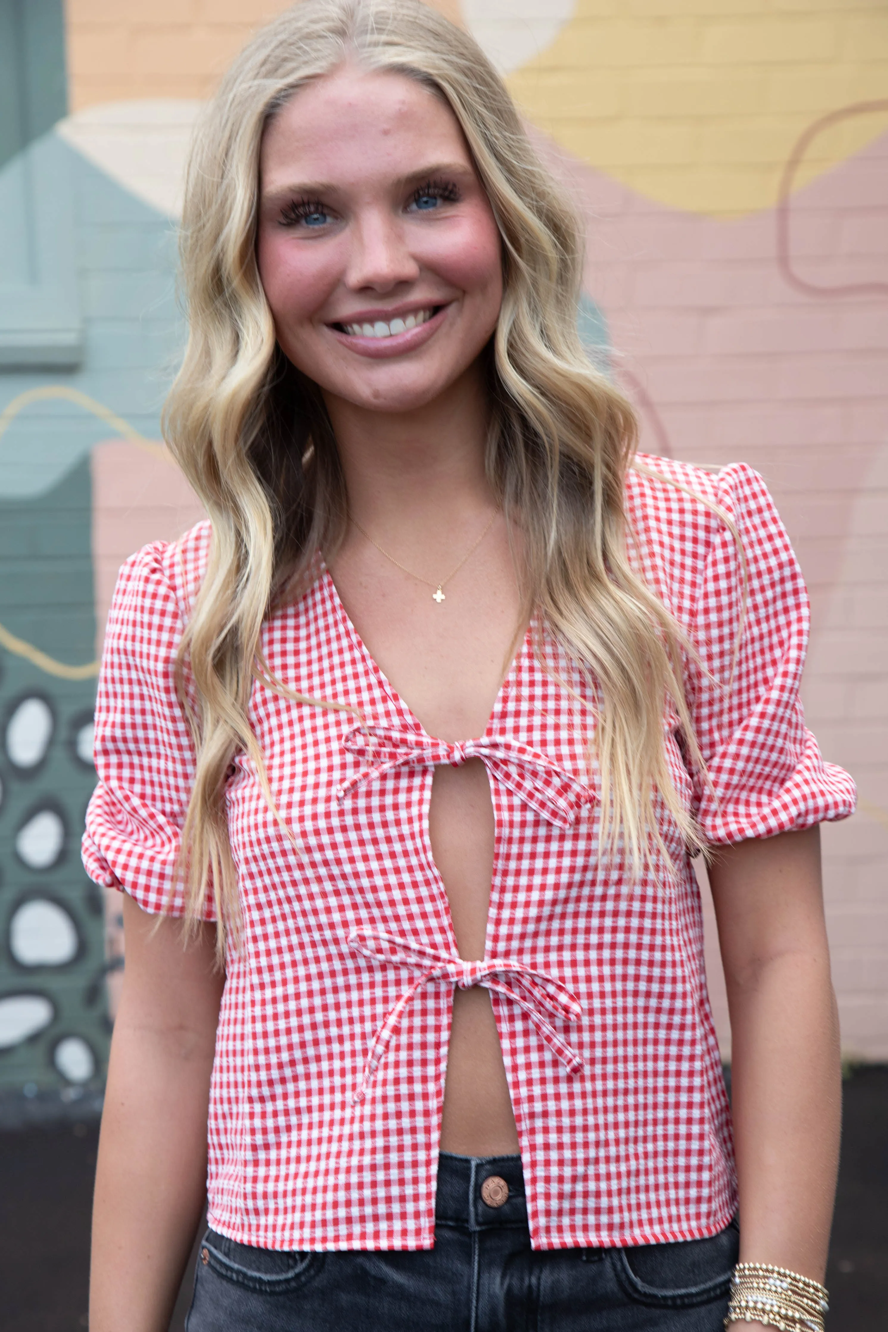Murphy Gingham Tie Front Blouse, Red