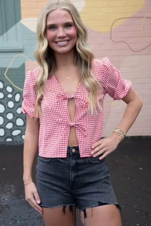 Murphy Gingham Tie Front Blouse, Red