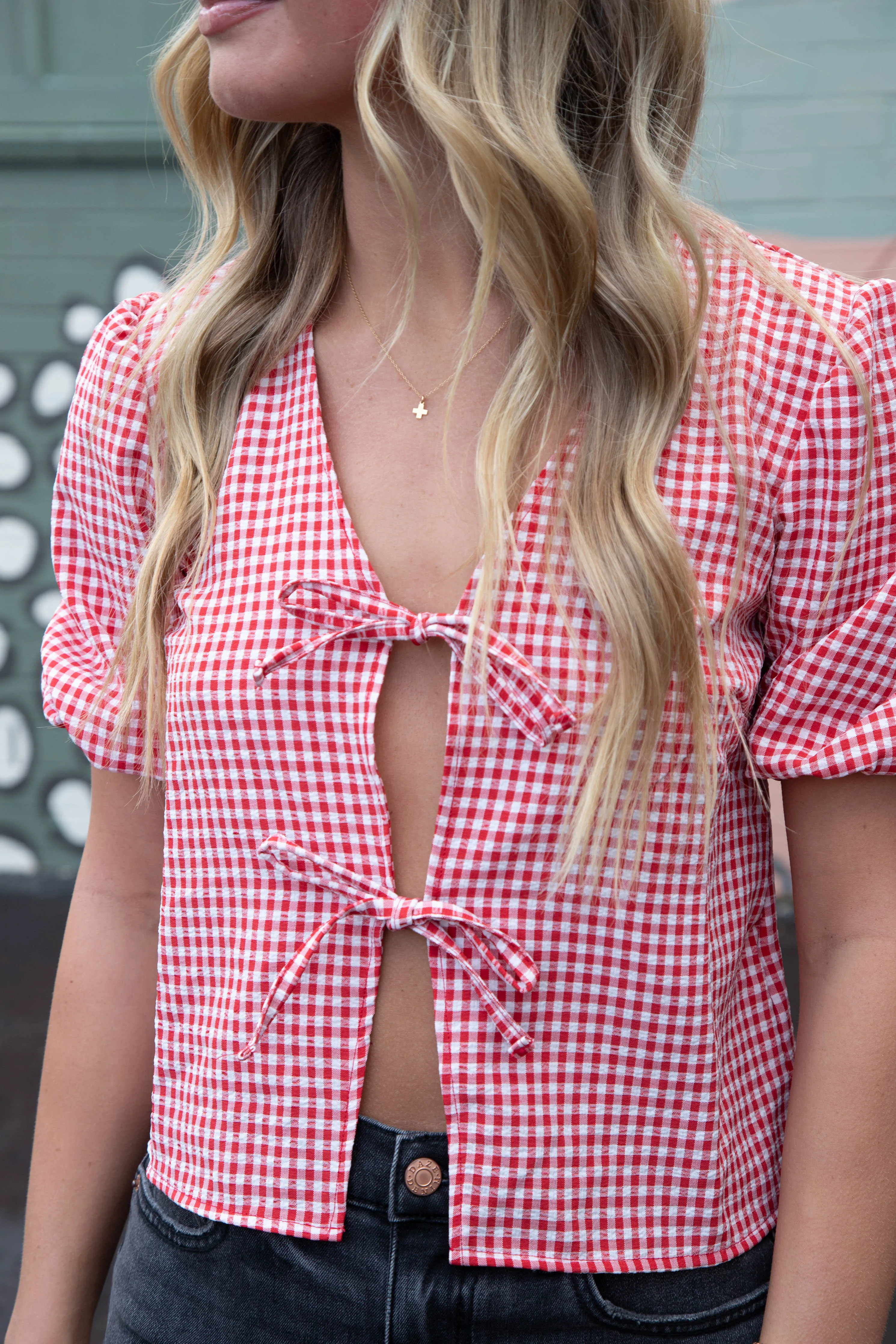 Murphy Gingham Tie Front Blouse, Red