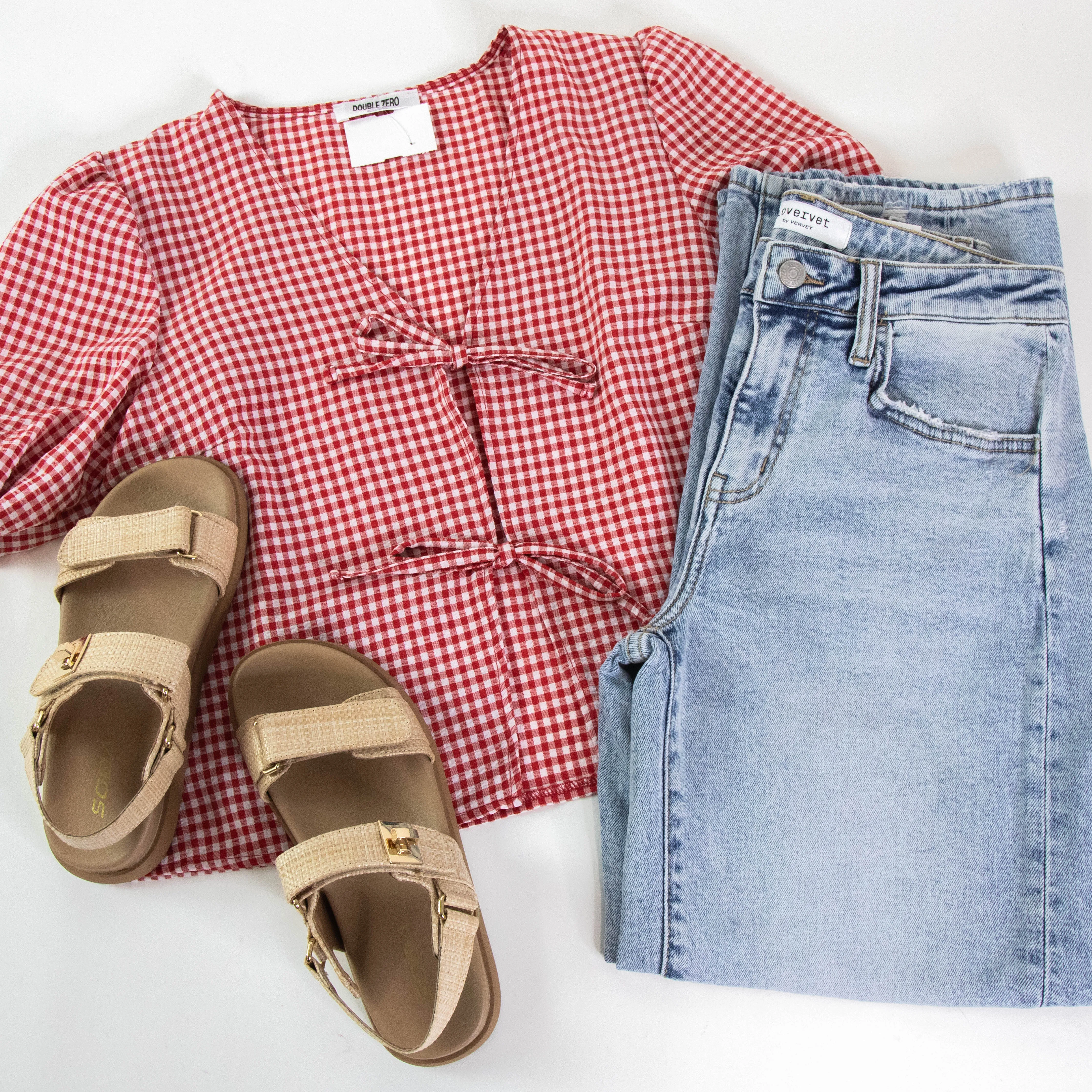 Murphy Gingham Tie Front Blouse, Red