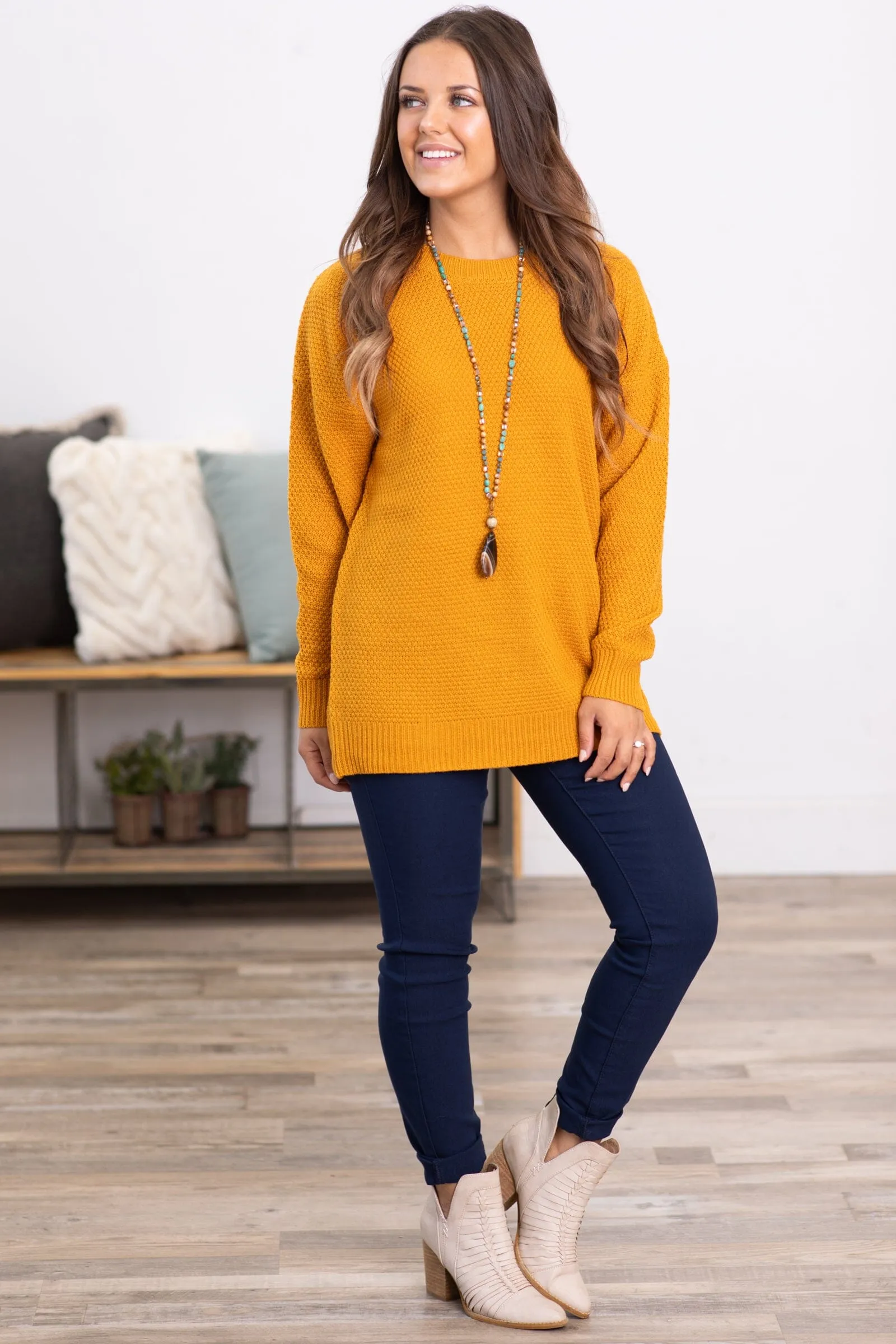 Mustard Ribbed Trim Round Neck Basic Sweater