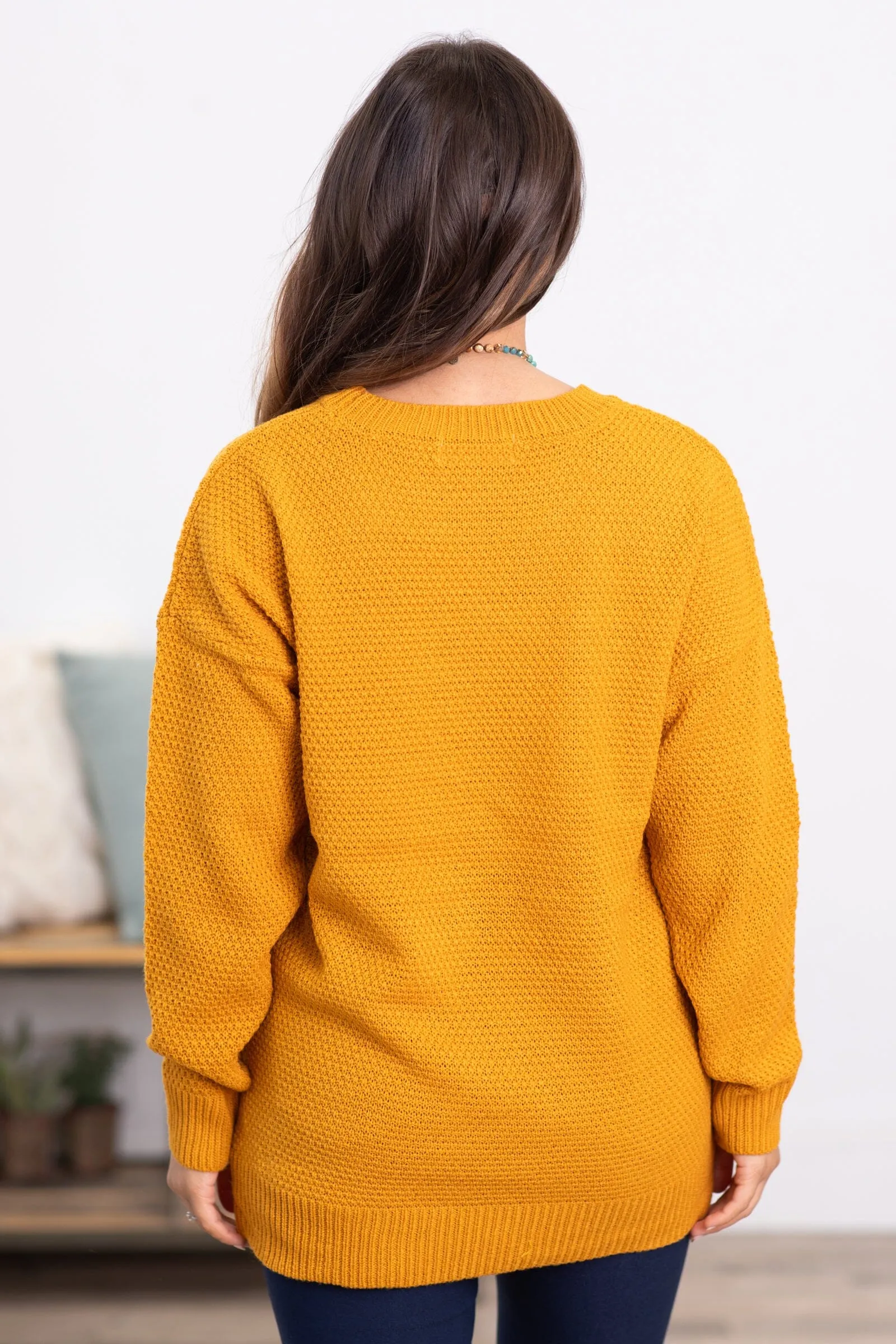 Mustard Ribbed Trim Round Neck Basic Sweater