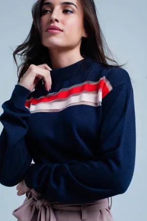 Navy Fine Knitted Sweater with Transparent Stripe