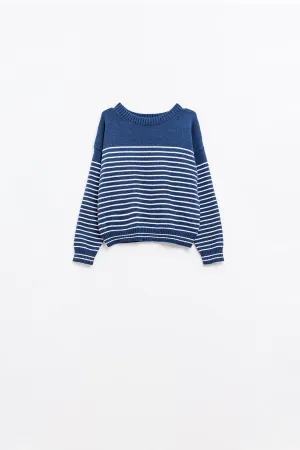 navy sweater with white stripes and boat neck