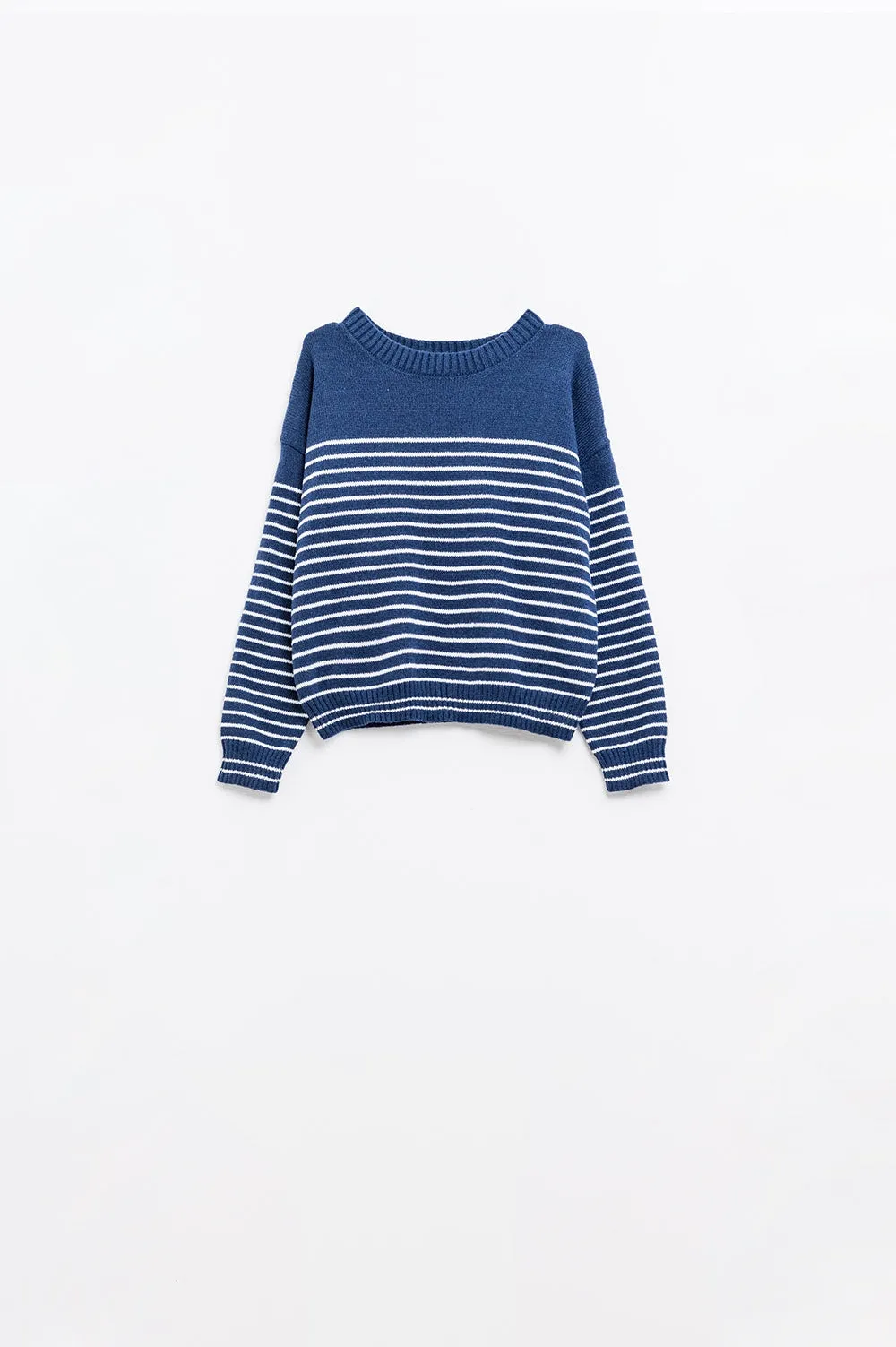 navy sweater with white stripes and boat neck