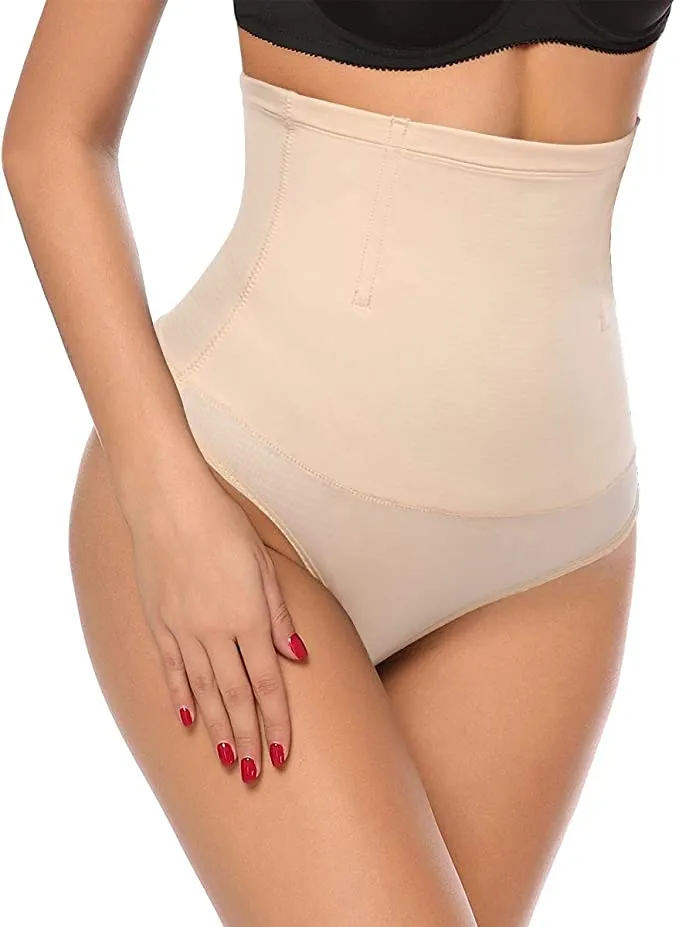 New NINGMI Women Middle Waist Tummy Control Thong Seamless Slim Body Shaper Underwear in Apricot, Sz L!