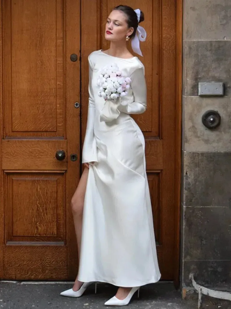 O-neck Long Sleeve Backless Split Birthday Party Dresses