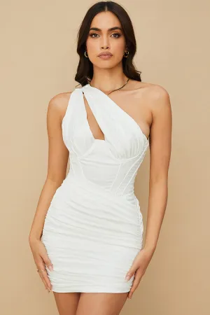 One Shoulder Cutout Ruched Bodycon Corset Mini Dress - White