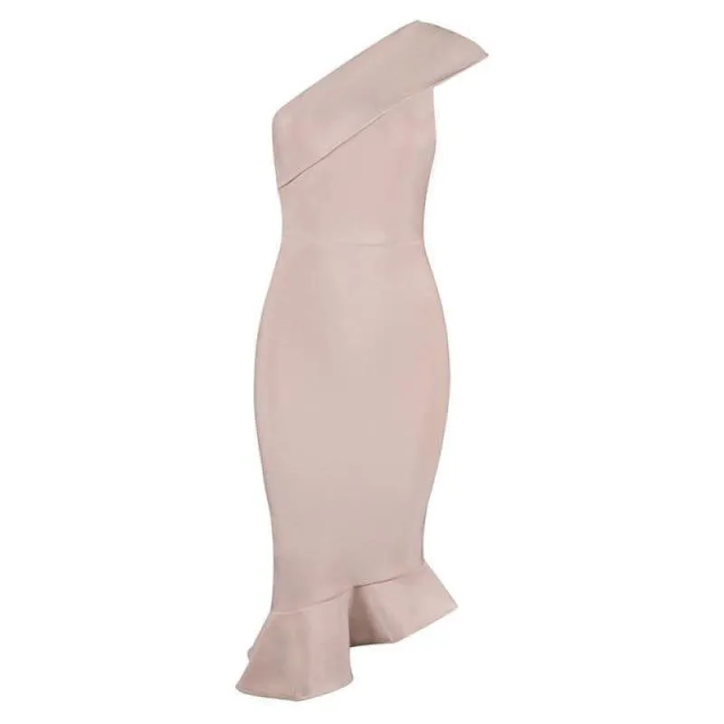 One Shoulder Sleeveless Ruffles Nightclub Dress Cocktail Evening Party Mid Length Dress