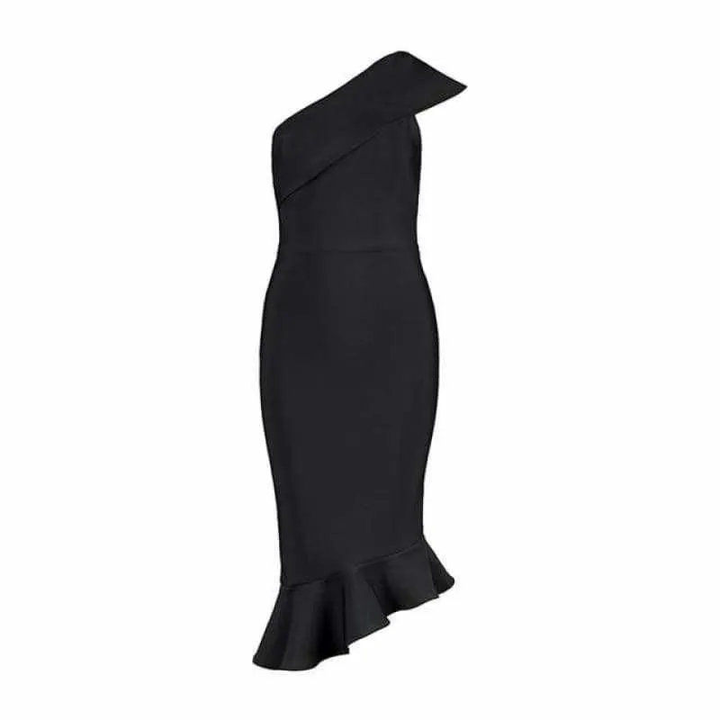 One Shoulder Sleeveless Ruffles Nightclub Dress Cocktail Evening Party Mid Length Dress