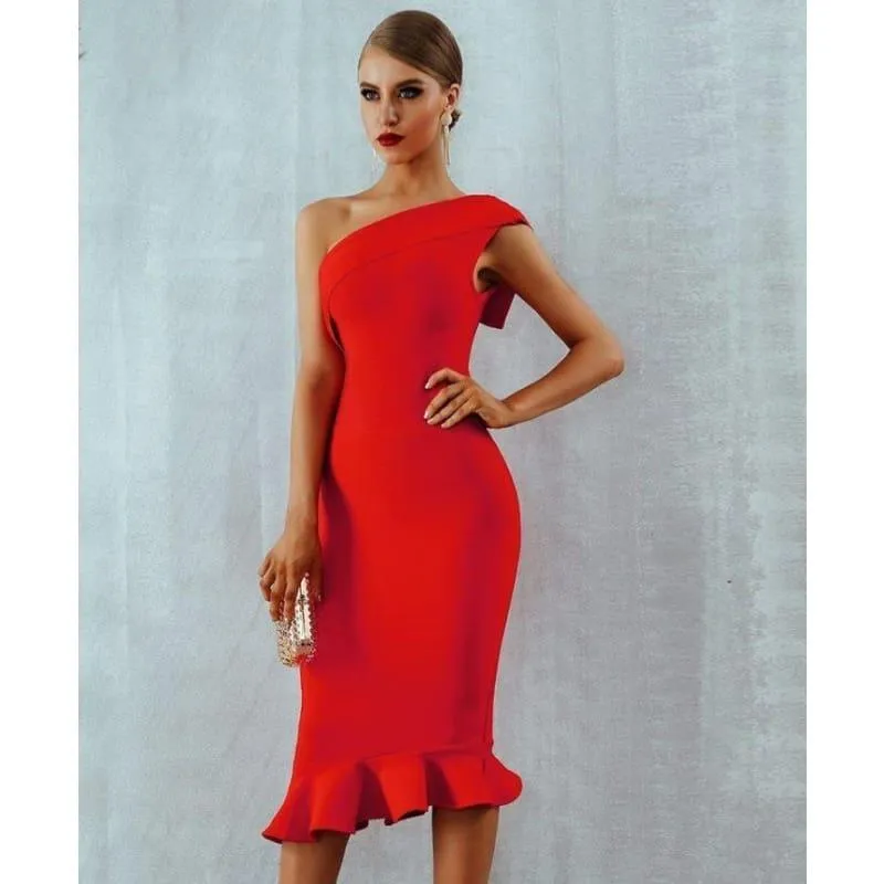 One Shoulder Sleeveless Ruffles Nightclub Dress Cocktail Evening Party Mid Length Dress