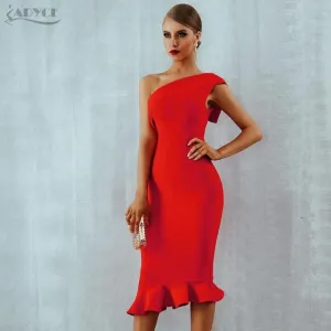 One Shoulder Sleeveless Ruffles Nightclub Dress Cocktail Evening Party Mid Length Dress