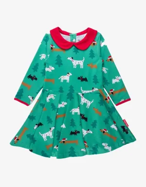 Organic Christmas Dog Print Long-Sleeved Skater Dress