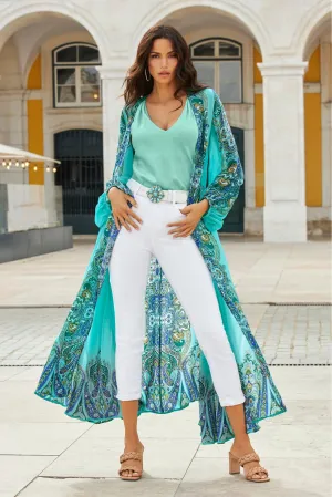 Paisley Print Balloon Sleeve Duster Teal