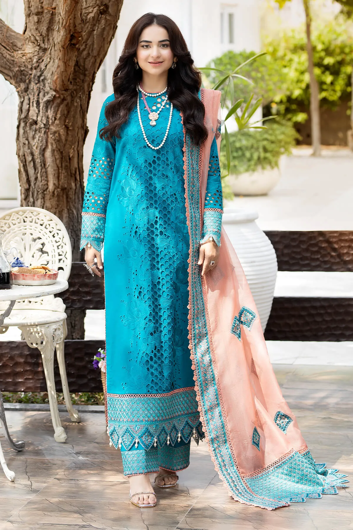 Pakistani Blue Embroidered Kameez with Capri and Dupatta Party Dress
