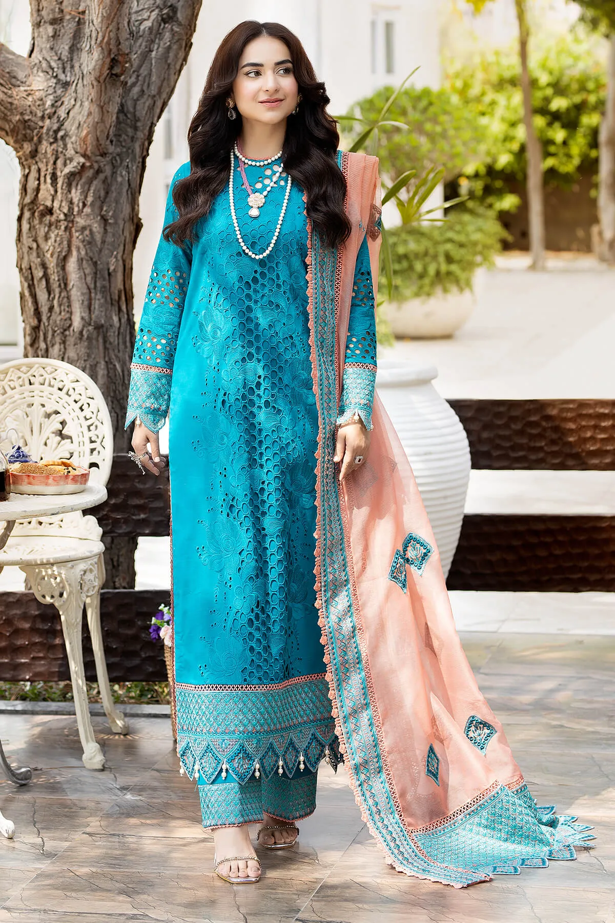 Pakistani Blue Embroidered Kameez with Capri and Dupatta Party Dress