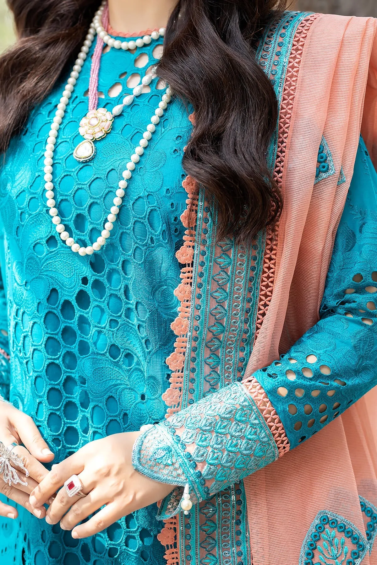 Pakistani Blue Embroidered Kameez with Capri and Dupatta Party Dress