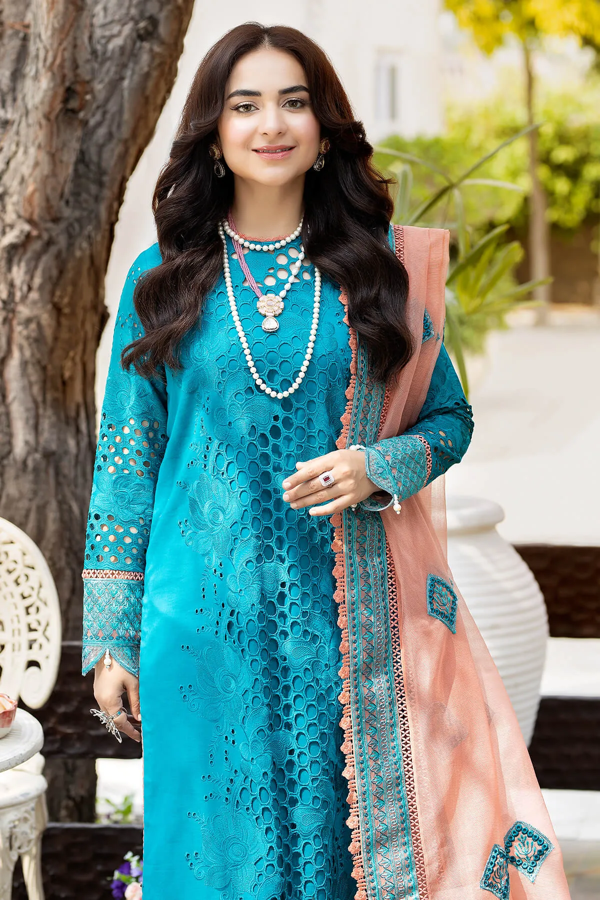 Pakistani Blue Embroidered Kameez with Capri and Dupatta Party Dress