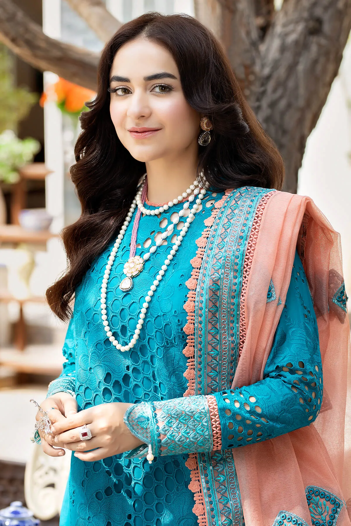 Pakistani Blue Embroidered Kameez with Capri and Dupatta Party Dress