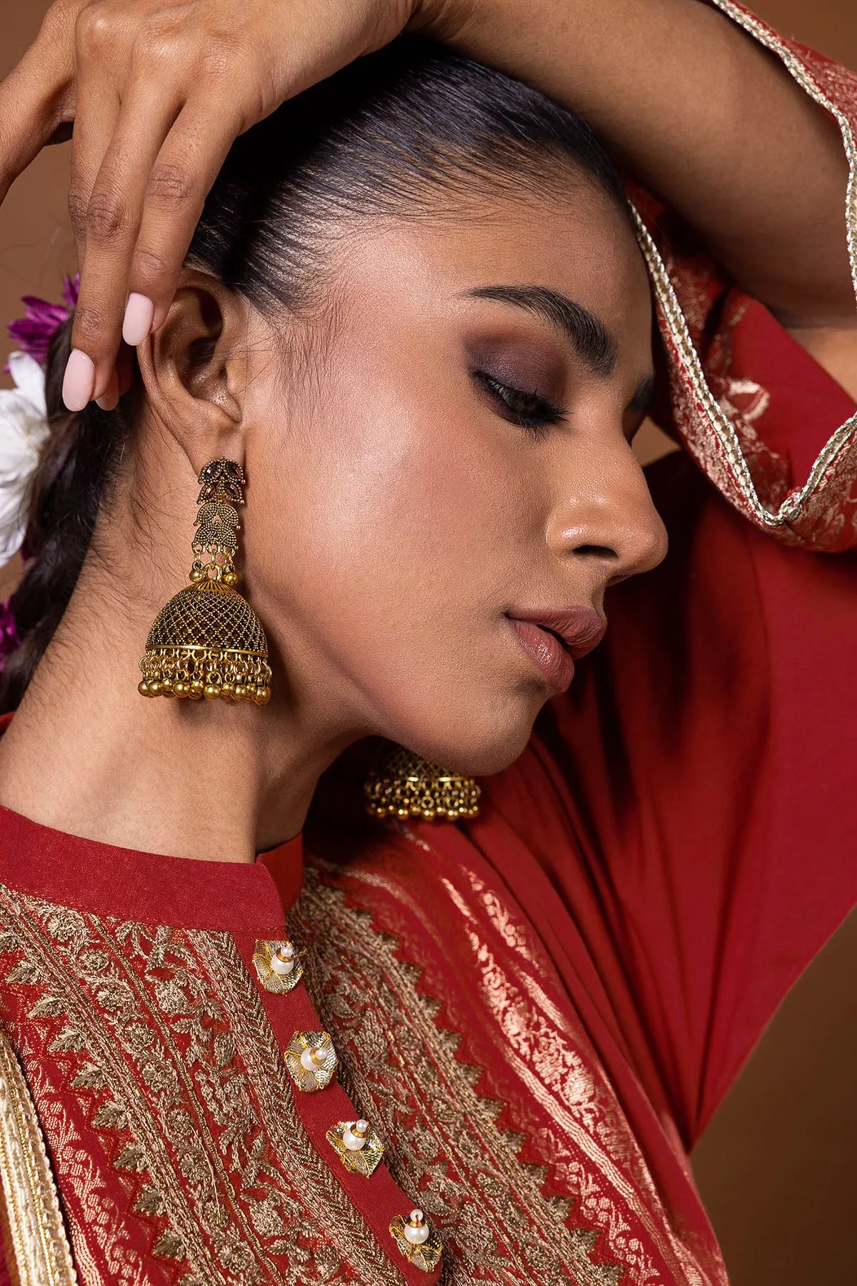 Pakistani Salwar Kameez Suit in Rusty Red Premium Jacquard