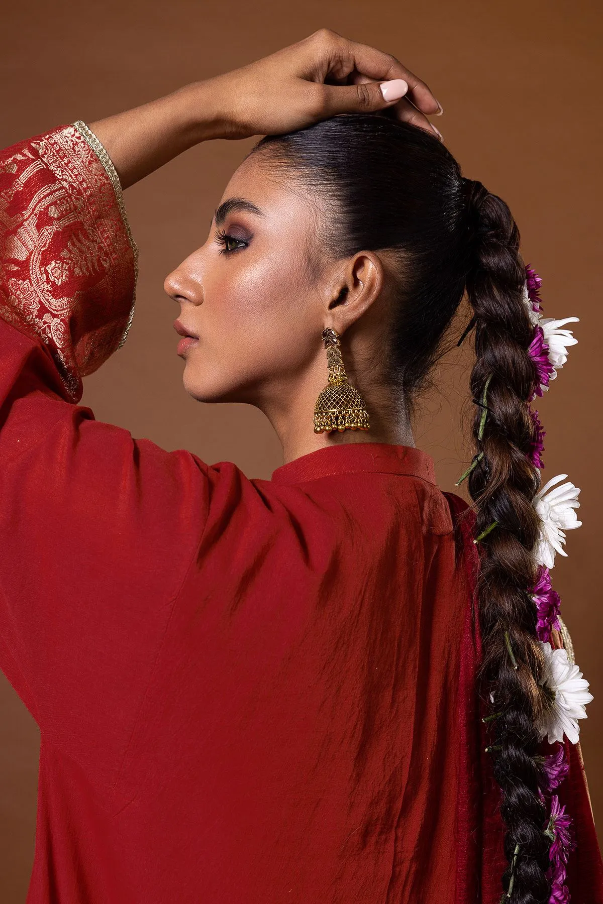 Pakistani Salwar Kameez Suit in Rusty Red Premium Jacquard