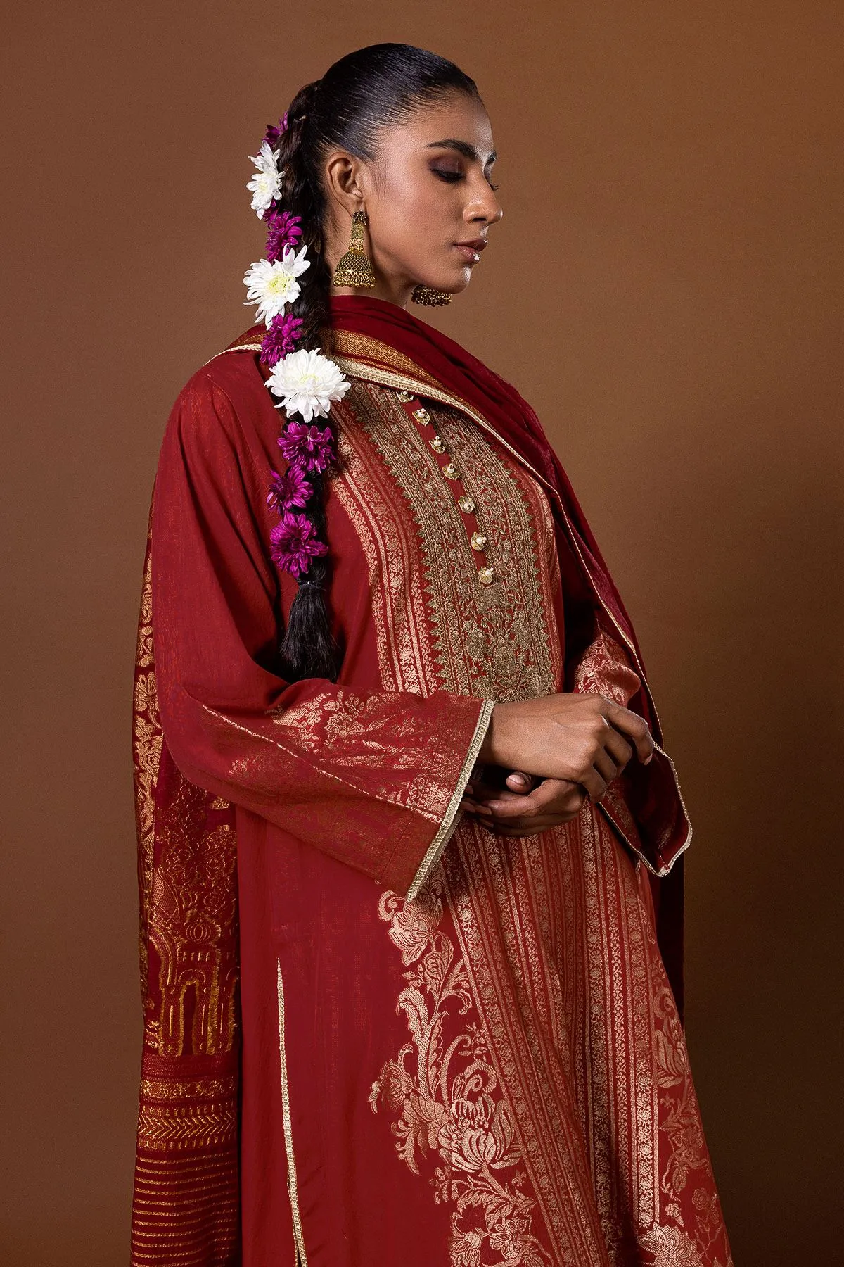 Pakistani Salwar Kameez Suit in Rusty Red Premium Jacquard