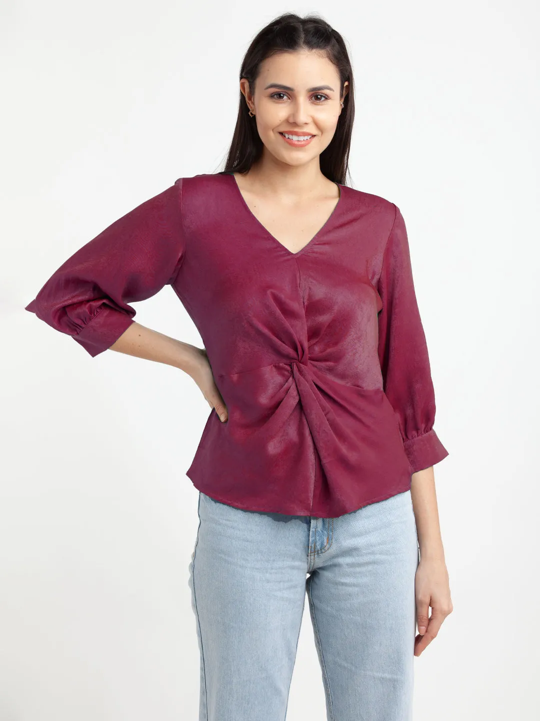 Pink Solid V-Neck Top