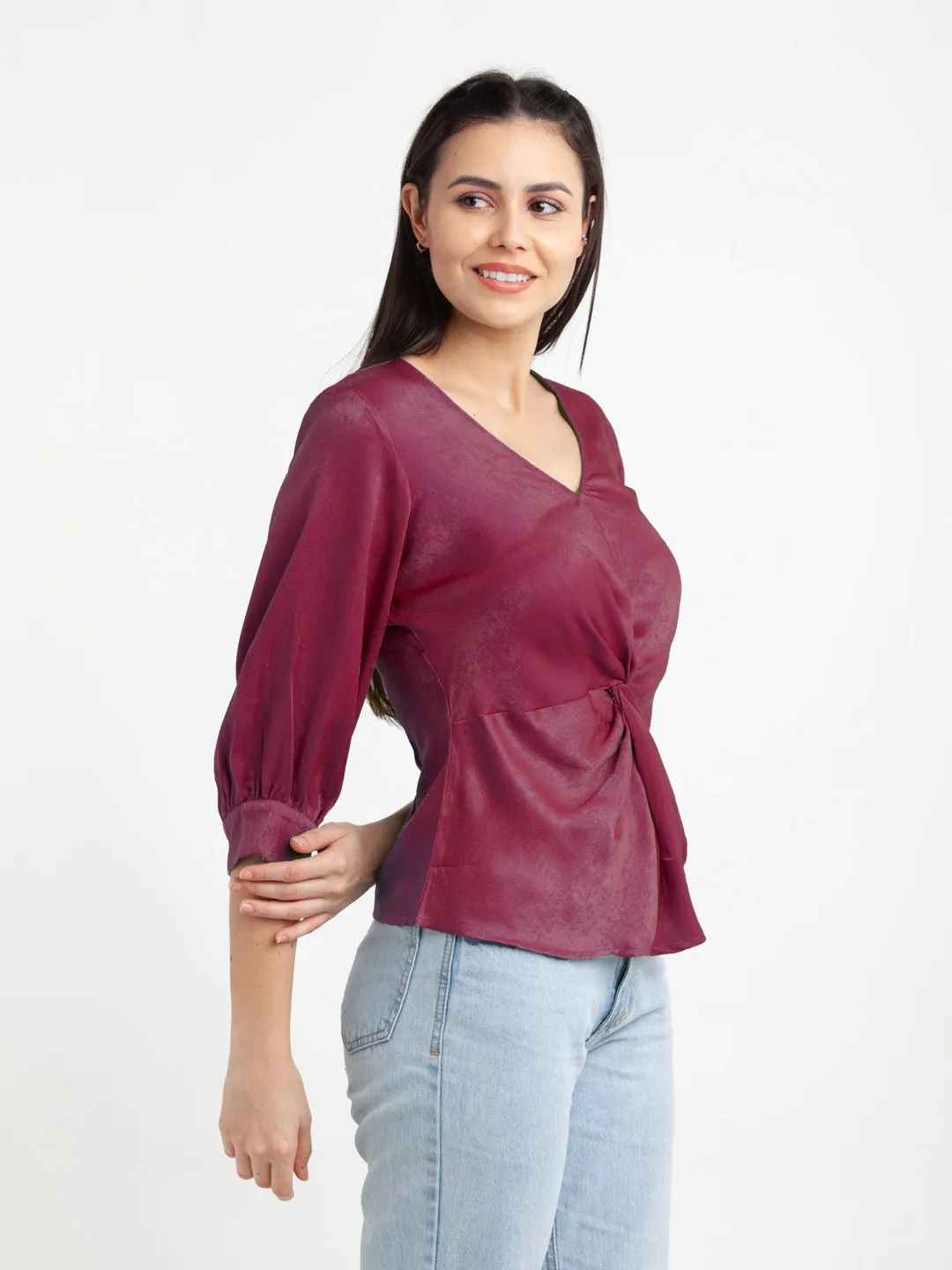 Pink Solid V-Neck Top