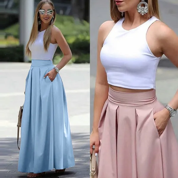 Plain pleated skirt with high waist