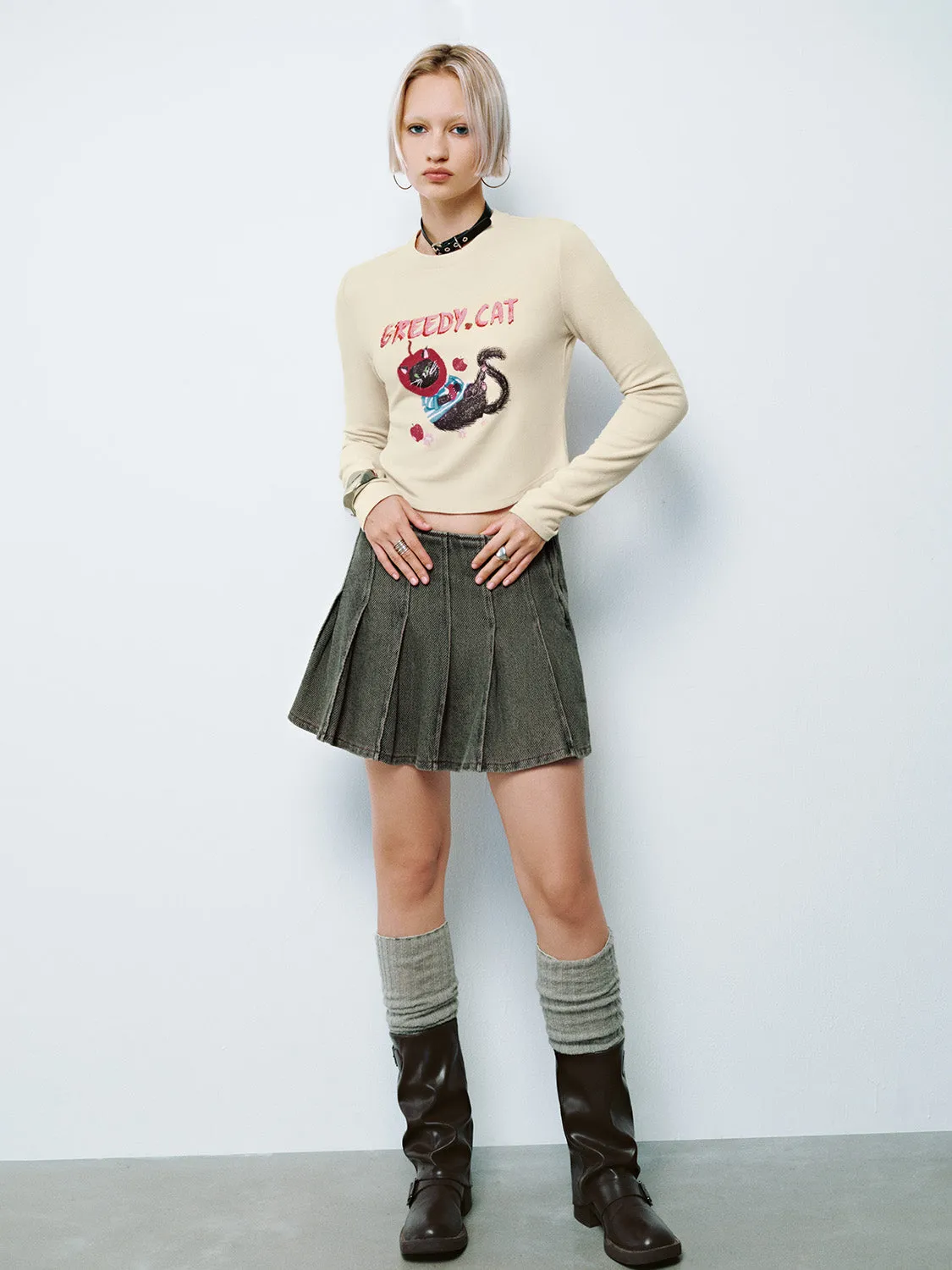 Pleated Denim Mini Skirts
