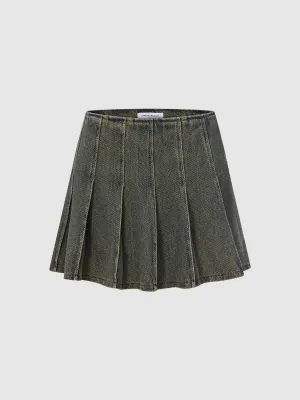 Pleated Denim Mini Skirts