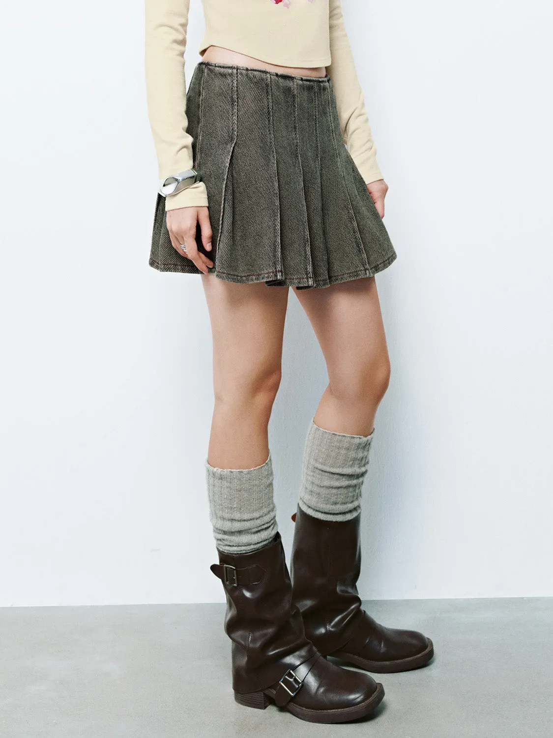 Pleated Denim Mini Skirts