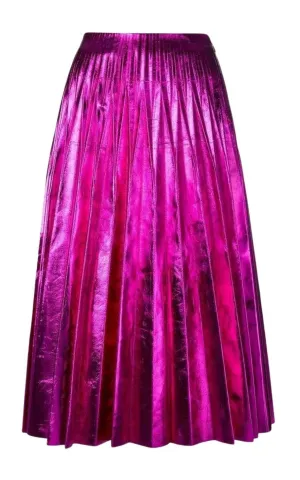 Pleated Metallic Leather Midi Skirt
