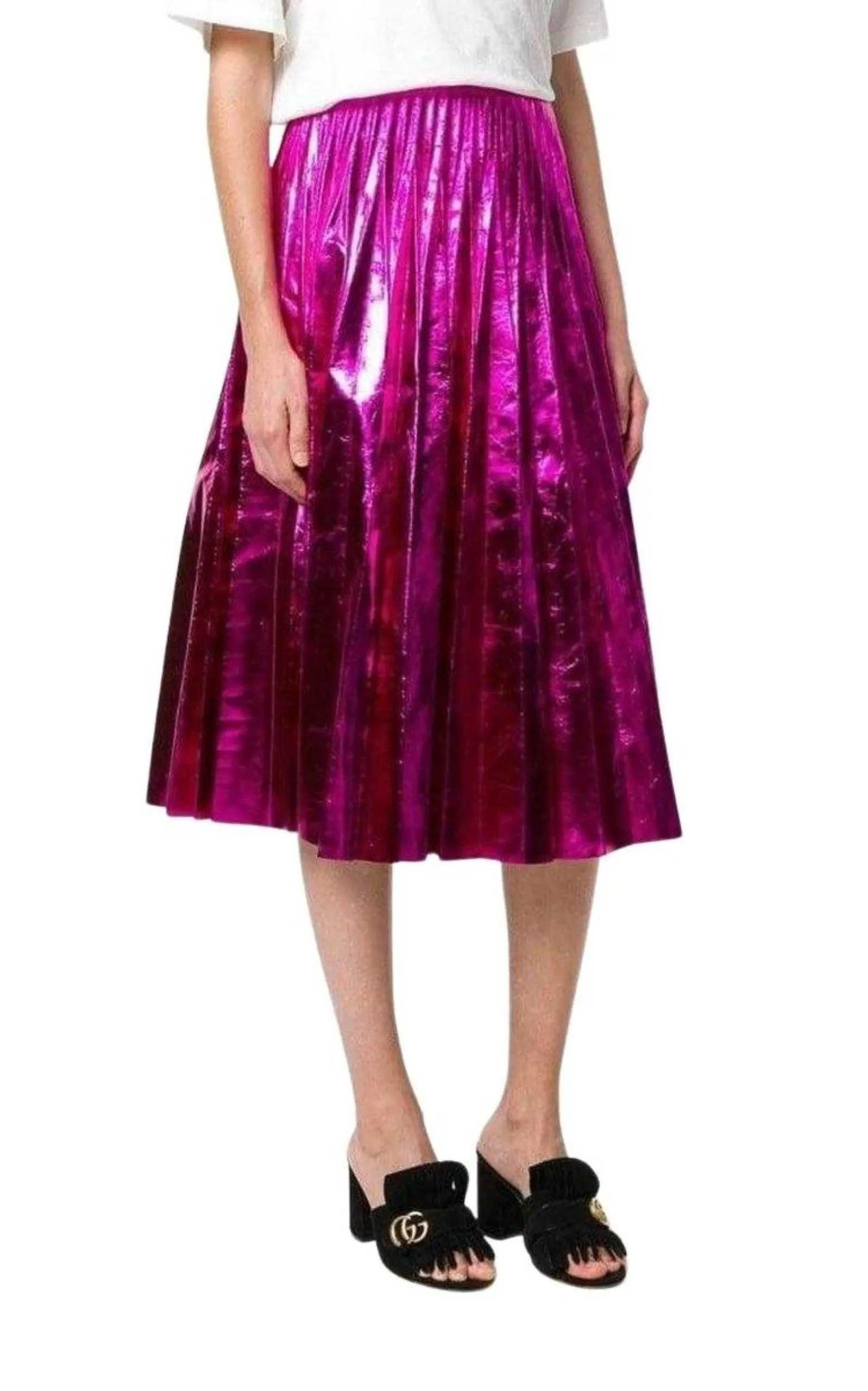Pleated Metallic Leather Midi Skirt