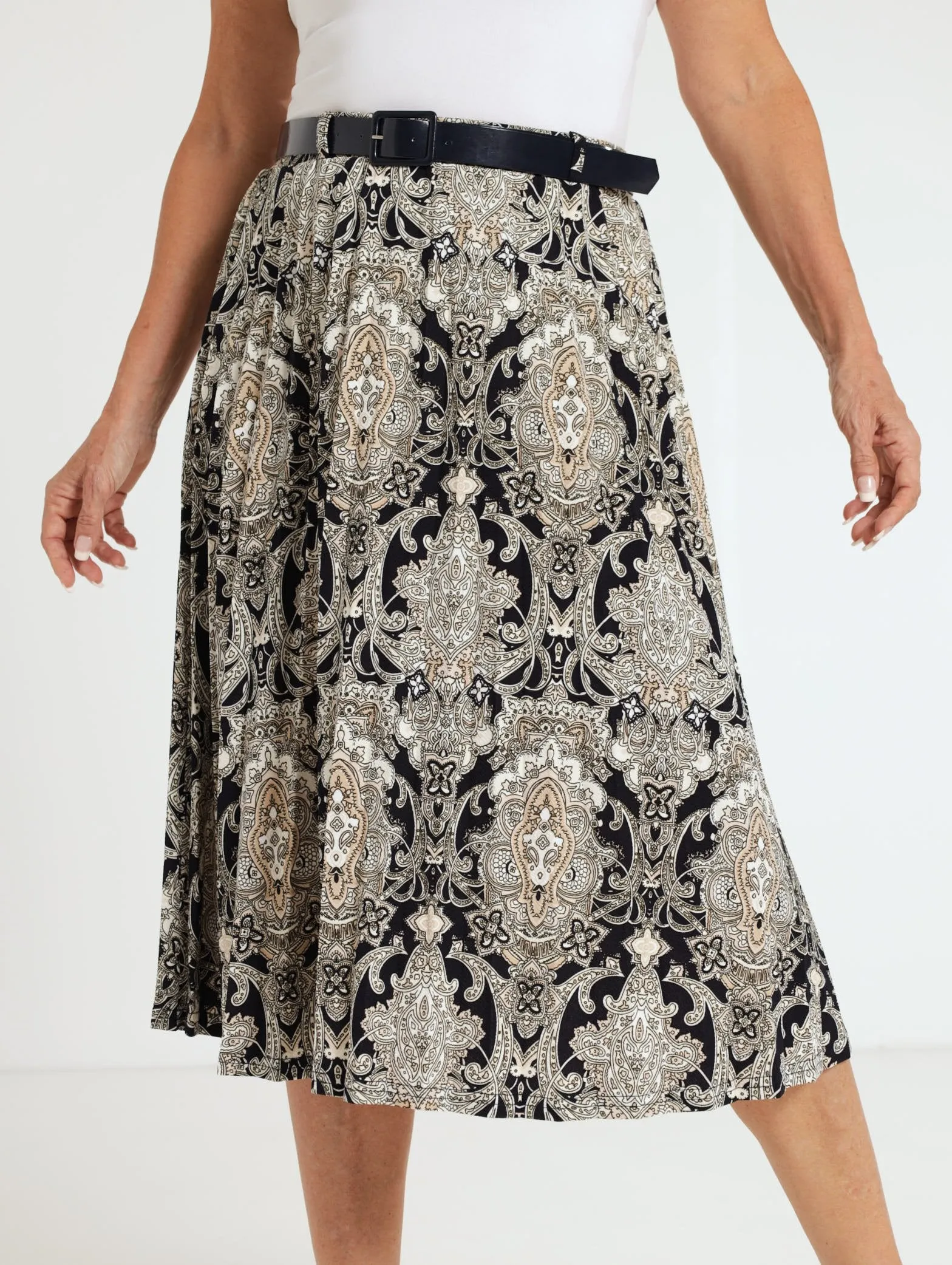 Pleated Skirt With Patent Belt - Navy